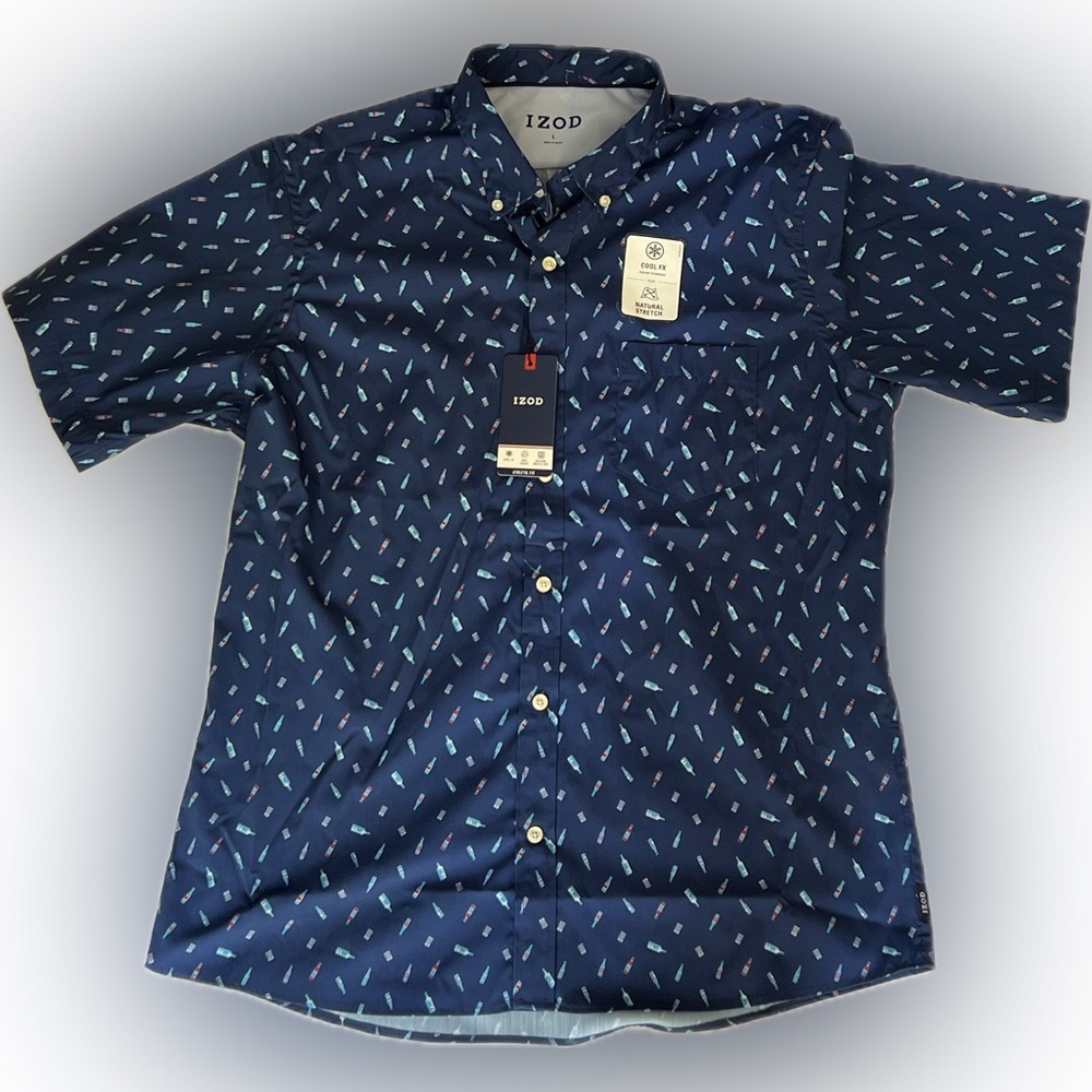 🏷️ NWT IZOD Cool FX Athletic Fit Button Down - Blue Bottle Print Size L